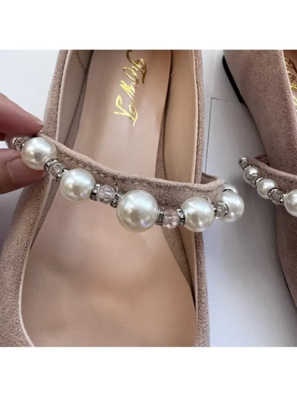 Women Slip on Pearl Strap FOWT Size 10 Flats Beige